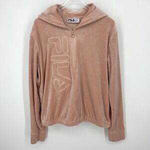 FILA Velour Pullover 1/4 Zip Hoodie Dusty Pink Pockets Medium Y2K